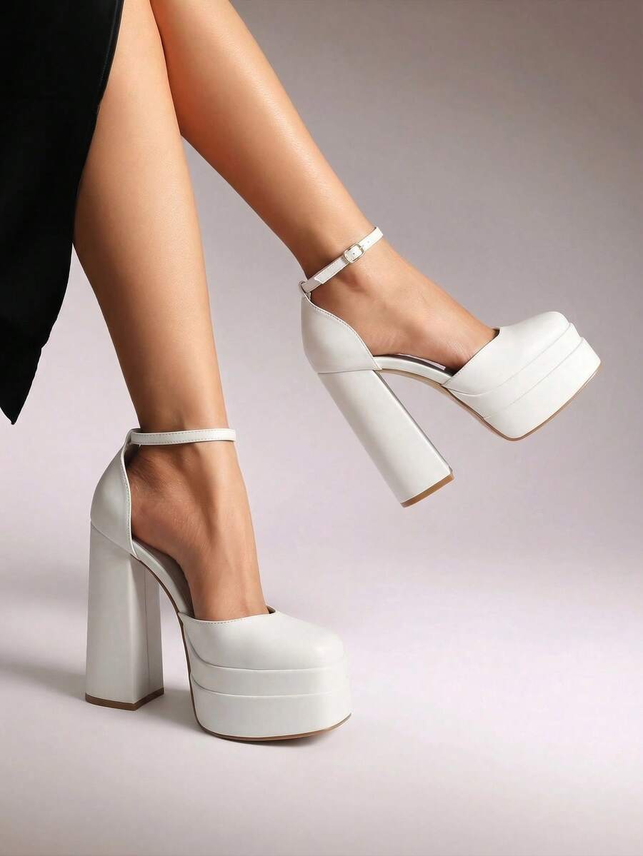 Women's Square Toe Block Heel Chunky Platform Wedding Shoes, Adjustable Ankle Strap Pumps For Prom