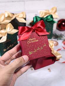 10Pcs Christmas Gift Boxes With Santa Sleigh And Starry Pattern, Elegant Holiday Favor Boxes With Satin Ribbon Bow, Red Green Black Gift Packaging For Christmas Party, Winter Celebration, Wedding Favors, Seasonal Decorations And Special Occasions - 7X5X7cm - View 9