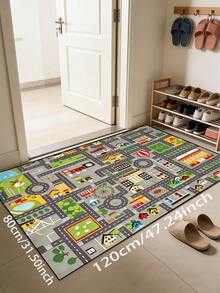 1pc Multicolor Cartoon City Traffic Road Building Stadium Car Print Play Mat, Cute Cartoon Early Education Short Plush Rectangular Edged Anti-Slip Crawling Pad, Children's Room Game Area Early Education Parent-Child Interaction All-Season Home Scene - Multicolor - View 9