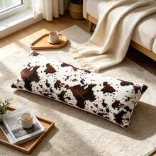 Plush Cow Print Body Pillow Case, Soft Faux Fur Black And White Spotted Decorative Throw Pillow Cover 14*36 Inches, Suitable For Bed, Sofa, Dorm, Homestay Soft Decor (Pillow Insert Not Included) - Coffee Brown - View 3