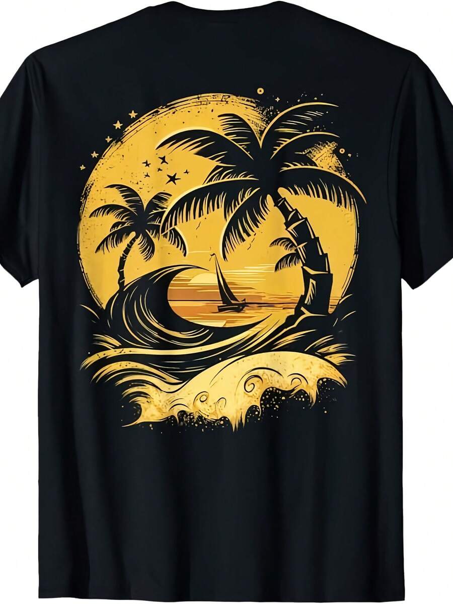 ON BACK Tropical Palm Trees Sailboat Beach Island Sunset T-Shirt - 款式 - 查看 1