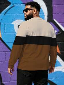 Men's Plus Size Casual Crew Neck Long Sleeve T-Shirt, Polyester Knit Fabric, Comfortable And Breathable, Fashionable Streetwear "Colorblock Patchwork Flying Bird" Pattern, Casual Street Design Fresh Series, Novel Personalized Top - Multicolor - View 2