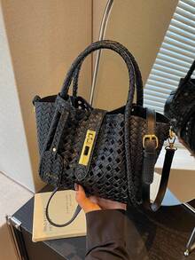 SHIMEINI 2pcs/Set New Fashion Woven Hollow Strap Decor Shoulder Handbag Crossbody Bag Suitable For Women's Daily Use, Work Commute, Vacation Travel, Holiday, Party, Shopping, Gift - Black - View 5