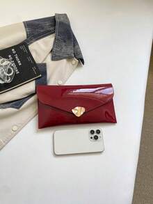 漆皮時尚五金純色極簡休閒 PU 純色手拿包 信封錢包零錢包 - 酒紅色 - 查看 7