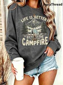 Suéter gráfico de campamento para mujer - "La vida es mejor junto a la fogata" Diseñ de montaña y árbol de pino, suéter de cuello redondo cálido para otoño e invierno, de elastici - Gris carbón 3 - Ver 1