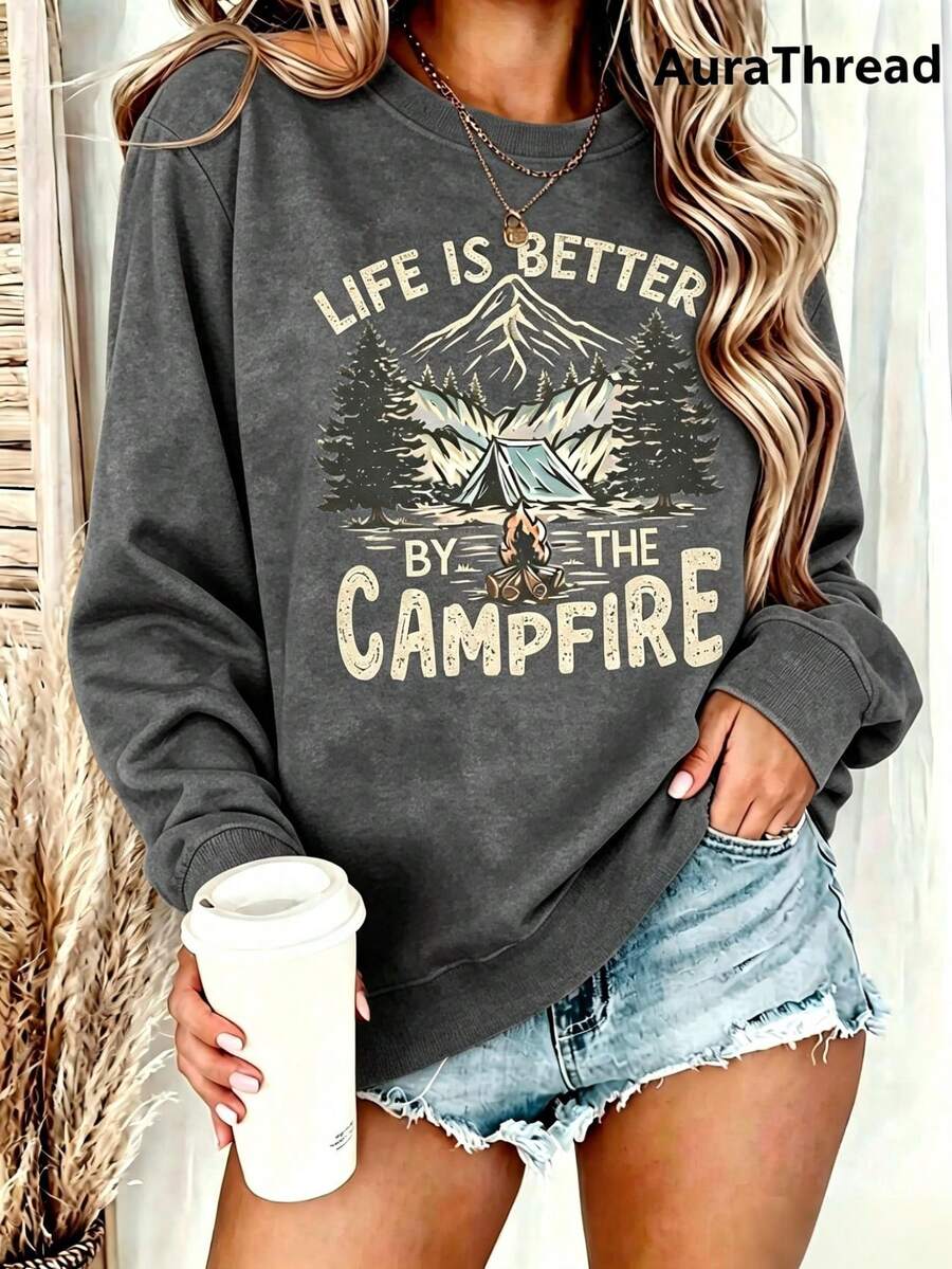 Suéter gráfico de campamento para mujer - "La vida es mejor junto a la fogata" Diseñ de montaña y árbol de pino, suéter de cuello redondo cálido para otoño e invierno, de elastici - Gris carbón 3 - Ver 1