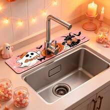 1pc Halloween Ghost Pumpkin Pattern Sink Faucet Absorbent Mat, Drainage Mat, Suitable For Kitchen, Bathroom Sink, Countertop, Drainage Mat, Diatomaceous Earth Material, Trimmable, Quick Dry Mat - Multicolor - View 1