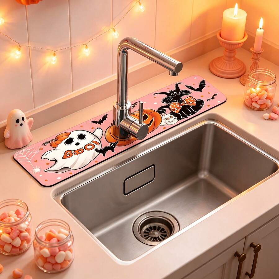1pc Halloween Ghost Pumpkin Pattern Sink Faucet Absorbent Mat, Drainage Mat, Suitable For Kitchen, Bathroom Sink, Countertop, Drainage Mat, Diatomaceous Earth Material, Trimmable, Quick Dry Mat - Multicolor - View 1