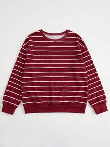 Women's Burgundy & White Horizontal Striped Crew Neck Sweatshirt, Vintage Loose Drop Shoulder Lazy Casual Pullover - White - View 2