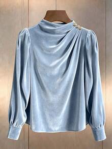 Women's Autumn/Winter Daily Commute Solid Color Velvet Material Small Stand Collar Pleated Design Long Sleeve Blouse - Baby Blue - View 3