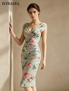 ELYRADIA Summer Dress For Elegant Ladies With Sexy Style, Sleeveless Deep V-Neck Floral Print Pattern, Fitted And Pleated Wedding Guest Luxurious Evening Dress - Baby Blue - View 1