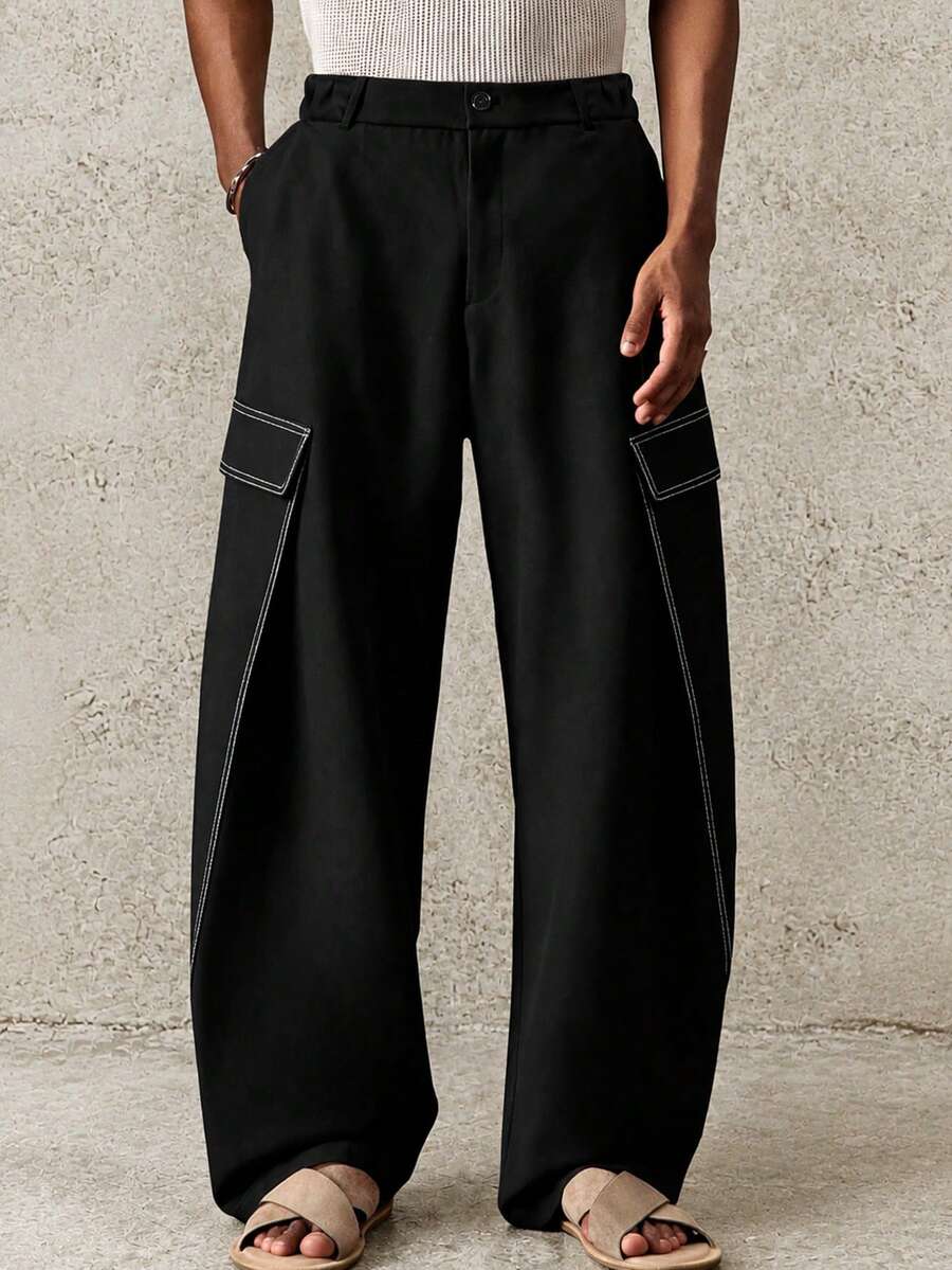 Men's Black Wide Leg Cargo Pants With Contrast Stitching And Button Waist, Street Style - Black - View 1