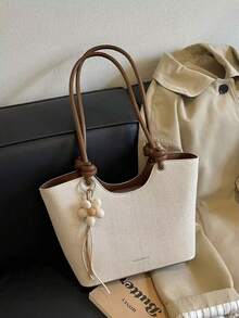 Bolso de hombro tipo tote para mujer, gran capacidad, beige minimalista, con Charm floral lindo, suave y elegante, adecuado para compras y desplazamientos - Blanco - Ver 5