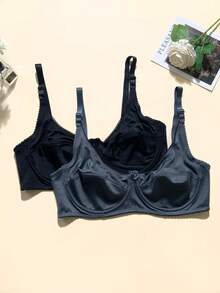 5pcs Solid Color Casual Comfortable Minimalist Side-Support Knit Fabric Bow Women's Plus Size Bra - Multicolor - View 5