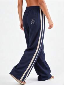 KyrLssu Side Stripe Star Embroidery Wide Leg Sweatpants, Elastic Drawstring High Waist Athletic Long Pants - Navy Blue - View 3