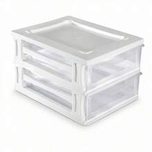 Desktop Organizer With 2 Transparent Drawers, Stackable PP Plastic Storage Unit For Cosmetics And Stationery, Modular Design, 35.5 X 26.5 X 20.5 Cm - 白色 - 查看 5