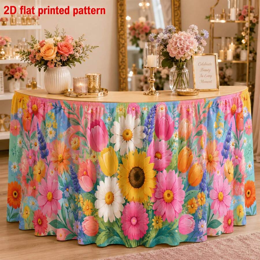 1 Tablecloth Table Skirt Polyester Spring Wildflower Printing Table Skirt Sunflower Daisy Tulip Lavender Mixed Flowers Soft Pastel Background Art Pattern Decoration, Suitable For Garden Dinner, Bridal Shower, Breakfast Party Table Skirt. - 1 - View 1