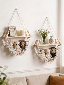 1pc/2pcs Beige Handmade Hanging Shelf, Minimalist Bohemian Style Wall-Mounted Storage Rack, Woven Hammock Design Floating Display Shelf, Multi-Layer Hanging Structure Decorative Storage Rack, Suitable For Living Room, Bedroom, Children's Room, Entryway, Wall Corner, Plant Display, Candle, Photo Frame Storage Decoration, Autumn Thanksgiving, Halloween, Christmas Party Decoration - Beige - View 14
