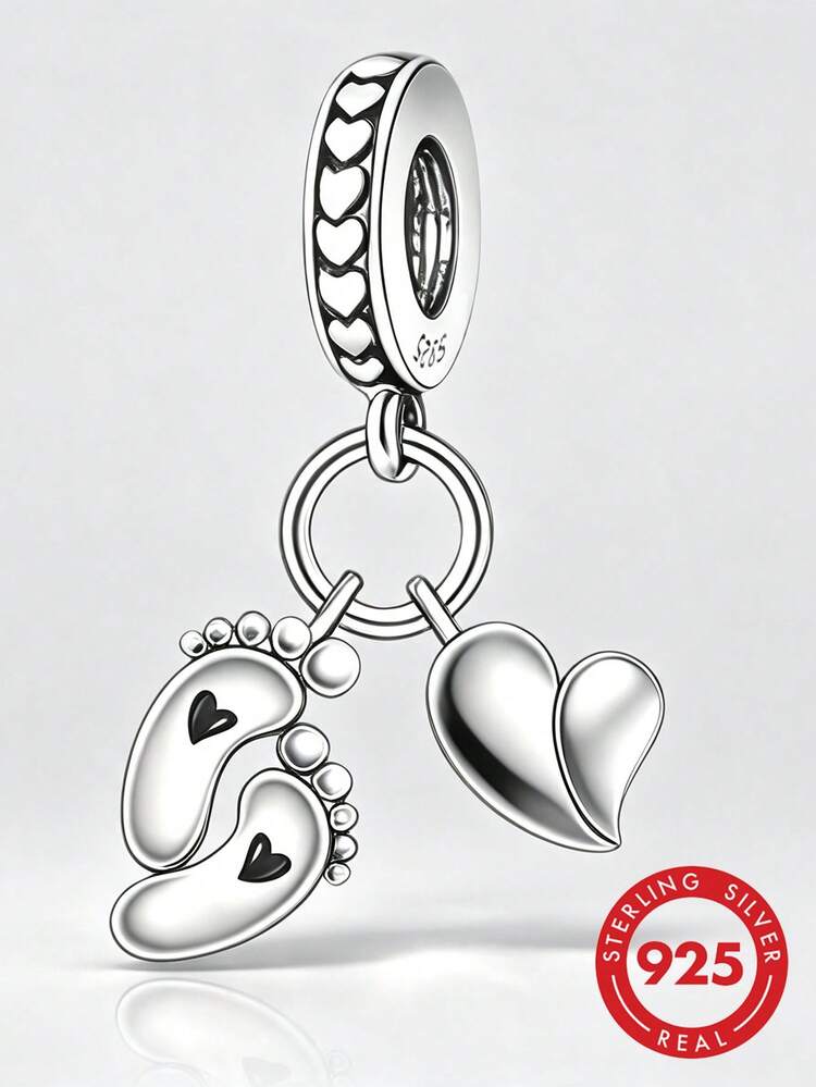 1pc S925 Sterling Silver Baby Footprint & Heart Double Charm Pendant, Black Epoxy Baby Memorial Pendant, DIY Bracelet Perforated Silver Bead - Silver - View 1