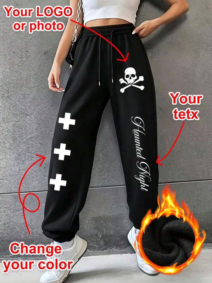 Customized Personalized Loose Jogger Sweatpants, Can Add Your Own Pattern (Text, Family Photo, Selfie, Pet Photo, Couple Photo, Party Photo), Text, Slogan, Inspirational Text, Gift For Girlfriend/Wife - LOGO/Photo/Workwear/Class Uniform - Design Your Own Personalized Printed Jogger Sweatpants, Anniversary Gift, Valentine's Day, Christmas, Halloween - Black - View 1