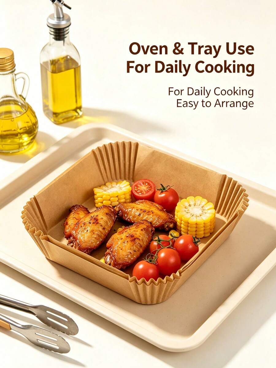 1-100pcs Disposable Air Fryer Paper Liners Square Non-Stick Baking Trays, Baking Supplies, With Raised Edges, Suitable For Oven, Fryer Basket, Baking, Cooking, Easy To Clean, Home Kitchen Essential, Household Goods