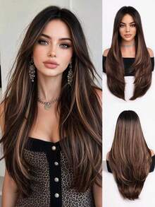 Natural Deep Brown Highlighted Long Wavy Layered Wig 61cm Middle Part Synthetic Fiber Wig Suitable For Daily Fashion, Halloween Christmas Party, Gothic Witch Cosplay, Comes With Wig Cap - Brown Highlight - View 13