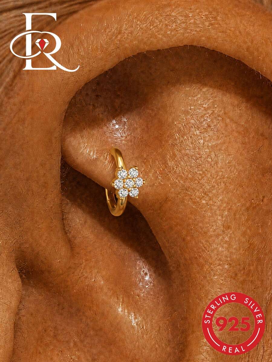 EleRunis 1 pieza Pendiente de cartílago de oreja Rook floral clásico de plata de ley 925, pendiente de espiral de cartílago de oreja superior chapado en oro de 18K, estilo de uso diario y fiesta para mujeres - Dorado - Ver 1