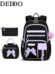 Dedoo 3-Piece Backpack, Tote Bag And Small Portable Bag Set, Bow Decor With Pom Pom Pendant, Double Zipper, Large Capacity, Student School Bag - Multicolor - View 2