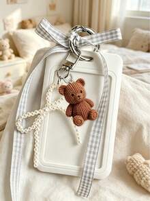 Card Holder With Sliding Mesh Shoulder Strap And Faux Pearl Pendant, Decorated With Cute Brown Bear Charm, Detachable And Erasable Sliding Cover, Student Campus Card/Meal Card Protector, With Pearl Bow Keychain, Durable Transparent Card Holder With ID Window And Card Slot, Campus Card, ID Card, Transit Card Holder, DIY Keychain Charm, Bank Card Holder, Birthday Gift, Holiday Souvenir, Back To School Gift, Graduation Gift, Travel Essential - Multicolor - View 1