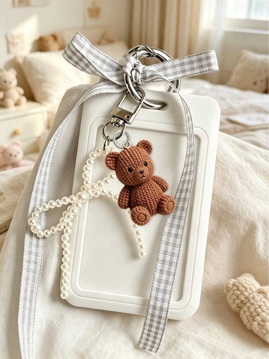 Card Holder With Sliding Mesh Shoulder Strap And Faux Pearl Pendant, Decorated With Cute Brown Bear Charm, Detachable And Erasable Sliding Cover, Student Campus Card/Meal Card Protector, With Pearl Bow Keychain, Durable Transparent Card Holder With ID Window And Card Slot, Campus Card, ID Card, Transit Card Holder, DIY Keychain Charm, Bank Card Holder, Birthday Gift, Holiday Souvenir, Back To School Gift, Graduation Gift, Travel Essential - Multicolor - View 1
