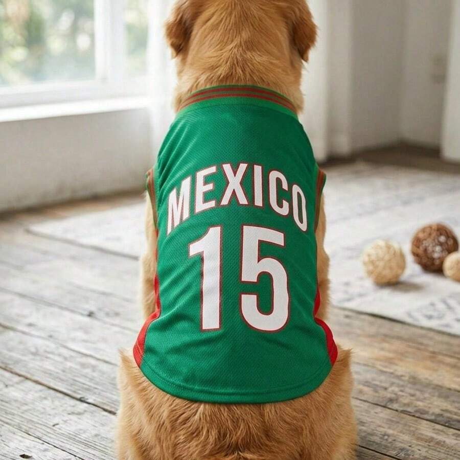 Mexico National Football Team Style Pet Jersey, Dog T-Shirt, Number 15, Striped Design, English Number Print, Suitable For All Dog Breeds, Perfect For Halloween, Christmas And Birthday Costumes