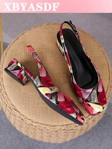 XBYASDF Women's Red Abstract Print Square Toe Slingback Chunky Heel Pumps, Buckle Strap Low Heel 3cm High Heels, European And American Commute Date Sandals - Red - View 1
