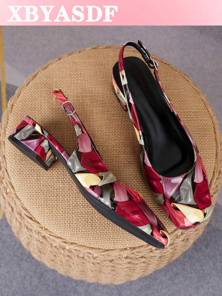 XBYASDF Women's Red Abstract Print Square Toe Slingback Chunky Heel Pumps, Buckle Strap Low Heel 3cm High Heels, European And American Commute Date Sandals - Red - View 1
