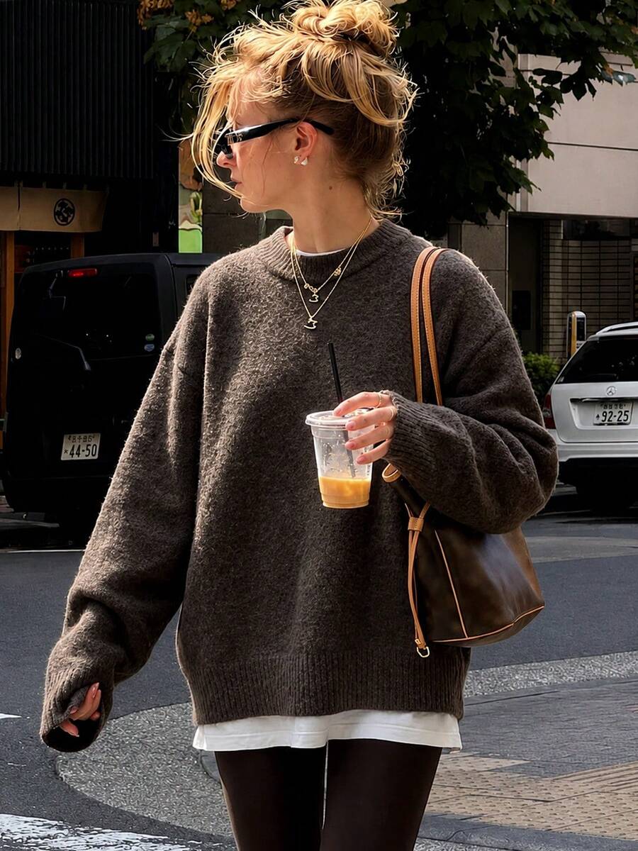 New Autumn/Winter Women's Square Neck Deep Brown Ribbed Collar Sweater, Casual Everyday Versatile - Brown - View 1
