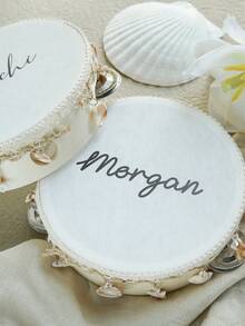Custom Name 6 Inch Boho Wedding Tambourine Hand Held With Single Row Metal Jingles Starfish And Seashell Woven Decor Musical Rhythm Percussion Instrument Gift For Beach Wedding Bridal Shower Reception Party Dancing (Drumstick Not Included) - Beige - View 8