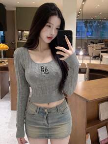 2026 Autumn/Winter Women's Black Ribbed Top, Casual Sweet "BABE" Embroidered Wide Strap Fitted Long Sleeveless Shirt, Suitable For Spring Daily Wear, Dating And Shopping - Gray - View 3