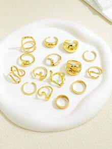 15pcs/Set Exaggerated Metal Asymmetrical Line Water Drop Smooth Rings, Unisex, Punk Retro Bohemian Style Fashion Jewelry Gift - Yellow Gold - View 3