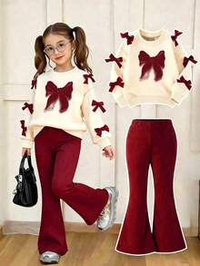 Tween Girl Bow Pattern Print Crew Neck Sweatshirt And Flare Pants - Apricot - View 1