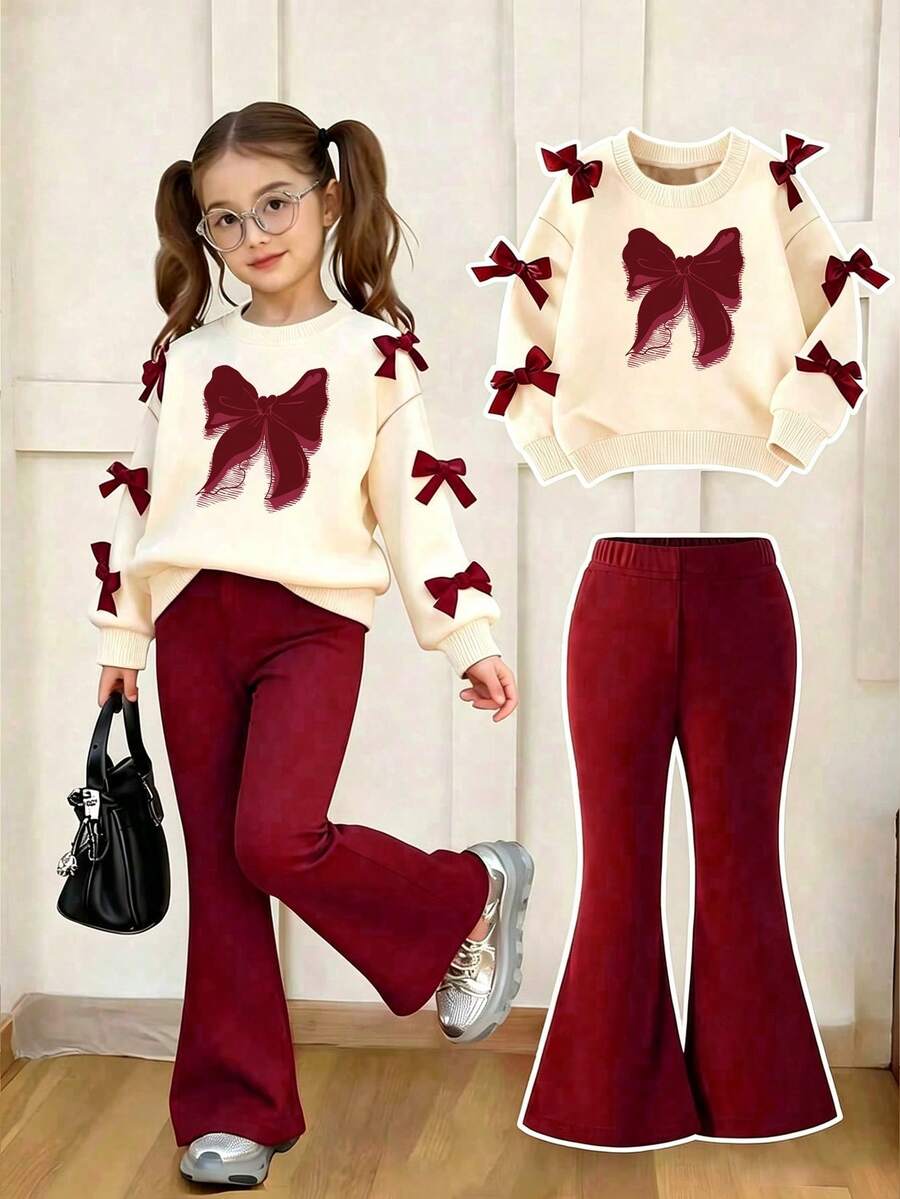 Tween Girl Bow Pattern Print Crew Neck Sweatshirt And Flare Pants - Apricot - View 1