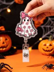 Pumpkin Ghost Retractable Badge Reel: Halloween Decoration, Acrylic Nurse ID Badge Clip, Party Name Tag & Party Favor - View 2
