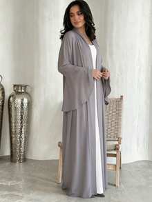 Elegant Round Neck Ruffle Cuff Long Sleeve Abaya Dress, Loose Comfortable Islamic Long Dress, Suitable For Middle East Daily Street Wear - Multicolor - View 2