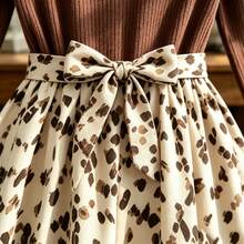 Girls' Autumn/Winter Fashion Simple Gentle Versatile Lady Style Leopard Print Spotted Dress With Knit Ribbed Brushed Fabric Patchwork Round Neck Long Sleeve - Coffee Brown - View 3