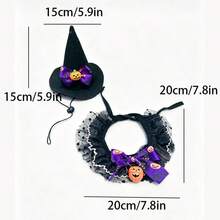 1set-Pet Halloween Witch Hat & Lace Collar Set, Adjustable Comfort Fit, Pumpkin Bell Design, For Halloween Party, Trick-Or-Treat & Cute Photos, Cat Dog Costume Accessory. - Multicolor - View 10