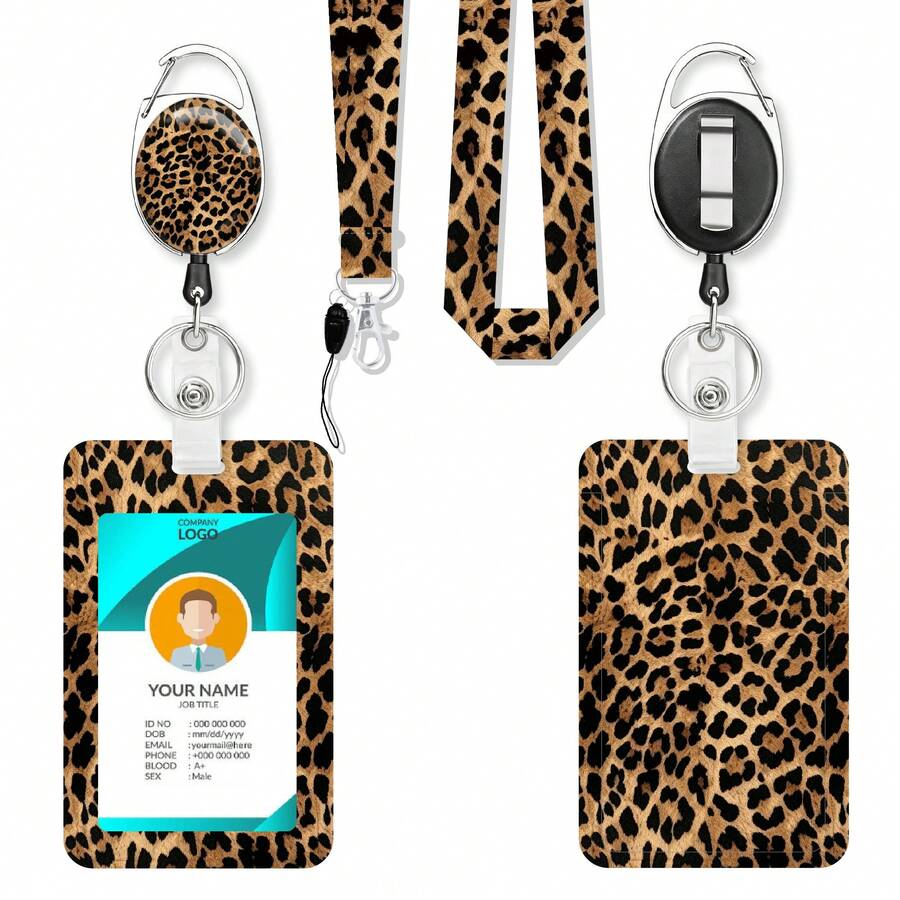 1 Set Tempat Kartu Identitas Motif Leopard dengan Tali Gantungan & Reel Kartu yang Dapat Ditarik, Tempat Kartu dengan Tali Leher yang Dapat Dilepas untuk Kantor, Perawat, Guru, Pelajar, dan Kartu Identitas Kerja - Rectangle - View 1