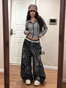 Y2K Grey Black Stripe Cropped Zip Hoodie Slim Fit Long Sleeve Drawstring Soft Comfortable Streetwear Jacket For Spring Autumn Winter - Grey - View 6