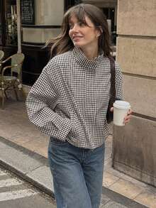 Women's Plaid Aviator Jacket, Spring Short Jacket, Autumn Plaid Zipper Lightweight Jacket, Long Sleeve Contrast Color Casual Airport Style Jacket - Black and White - View 6