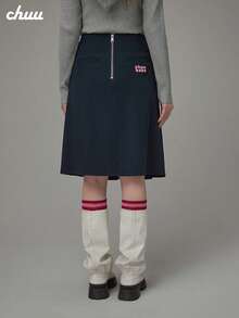 CHUU Women's Autumn Embroidered Letter Zipper A-Line Pleated Skirt With Multiple Buttons - Navy Blue - View 3