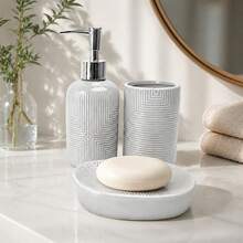 3-Piece Grey Ceramic Bathroom Accessory Set With Soap Dispenser, Toothbrush Holder And Soap Dish, Modern Geometric Relief Design - 白色 - 查看 2
