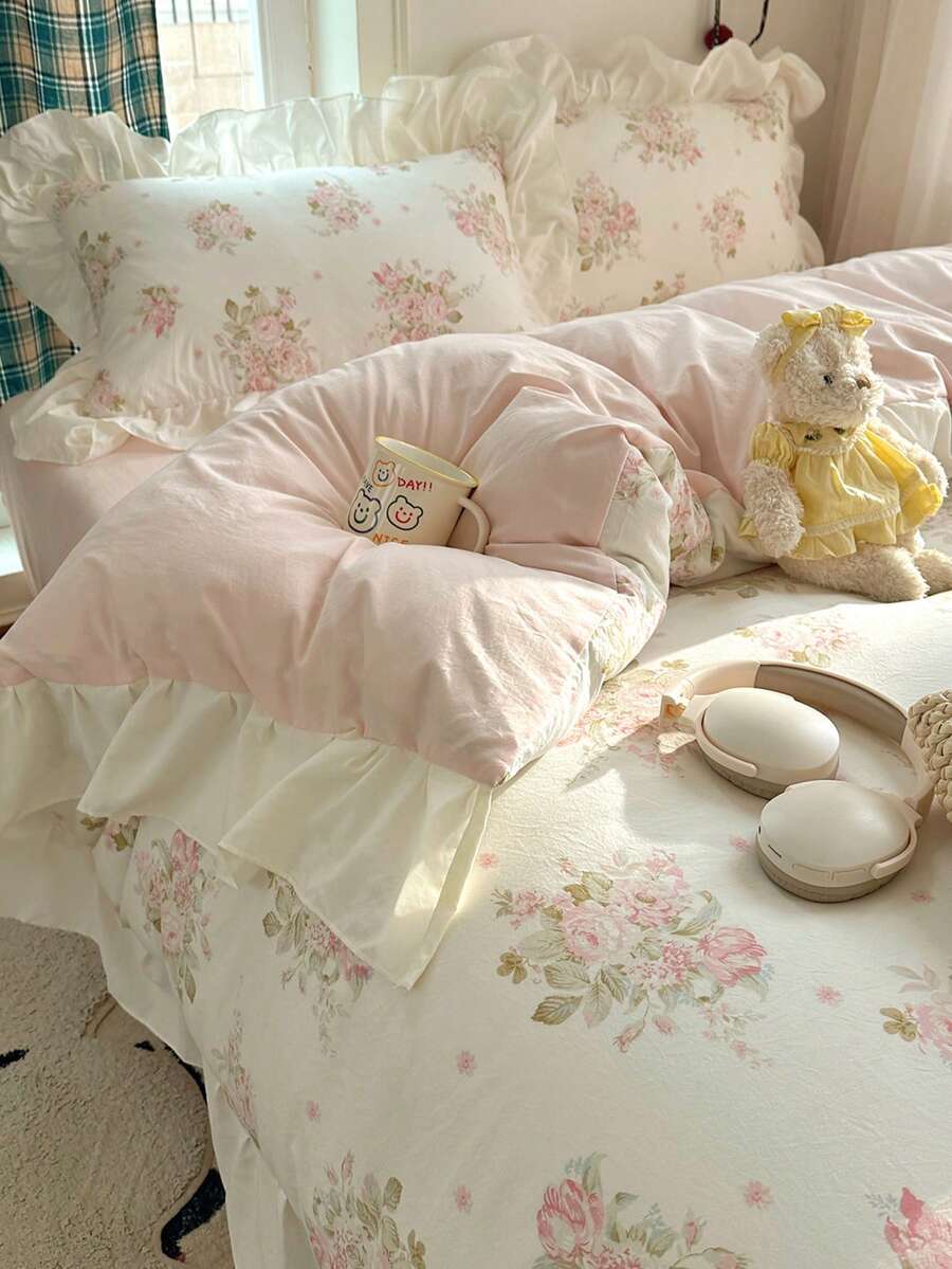Pink Ruffle French Country Style 4-Piece Bedding Set, Romantic French Country Bedding Set, Breathable Soft All-Season Bedding Set Including 1 Duvet Cover, 1 Bed Sheet, And Pillowcases, No Filling, Suitable For Bedroom, Dorm, Home Use, Multiple Size Options, Back To School Dorm Decor, College Decor - Pink - View 1
