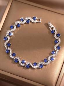 1pc Minimalist Round Cubic Zirconia Wrapped Royal Blue Design Women's Bracelet, Silver-Plated Multicolor Jewelry, Party Wedding Accessory, Anniversary Birthday Gift For Girlfriend - Bracelet - View 1